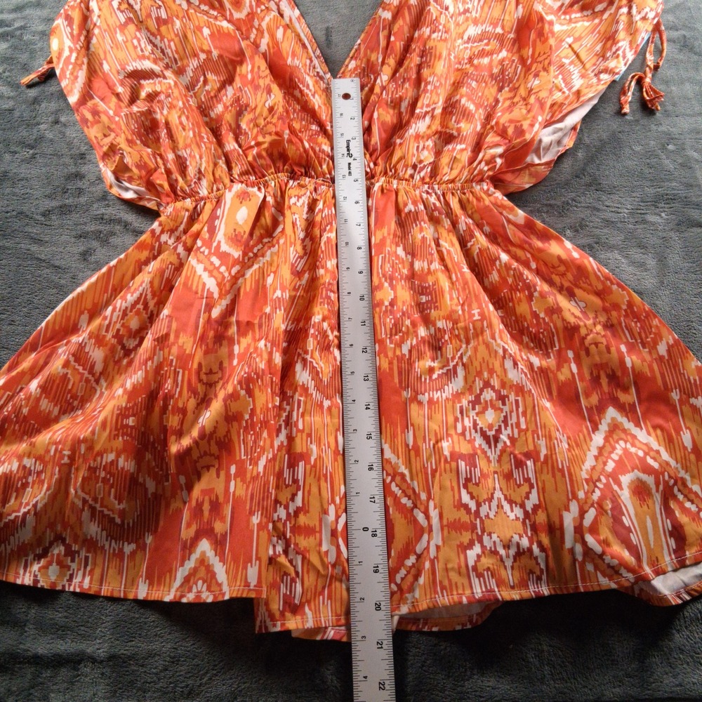 NWT Cupshe Romper Womens Small Orange Ikat Print V-Neck Drawstring Shoulder Boho - Picture 8 of 9
